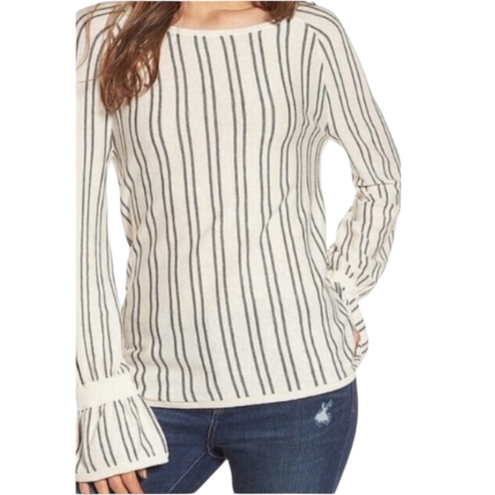 HINGE striped sweater gray and cream bell sleeve Small